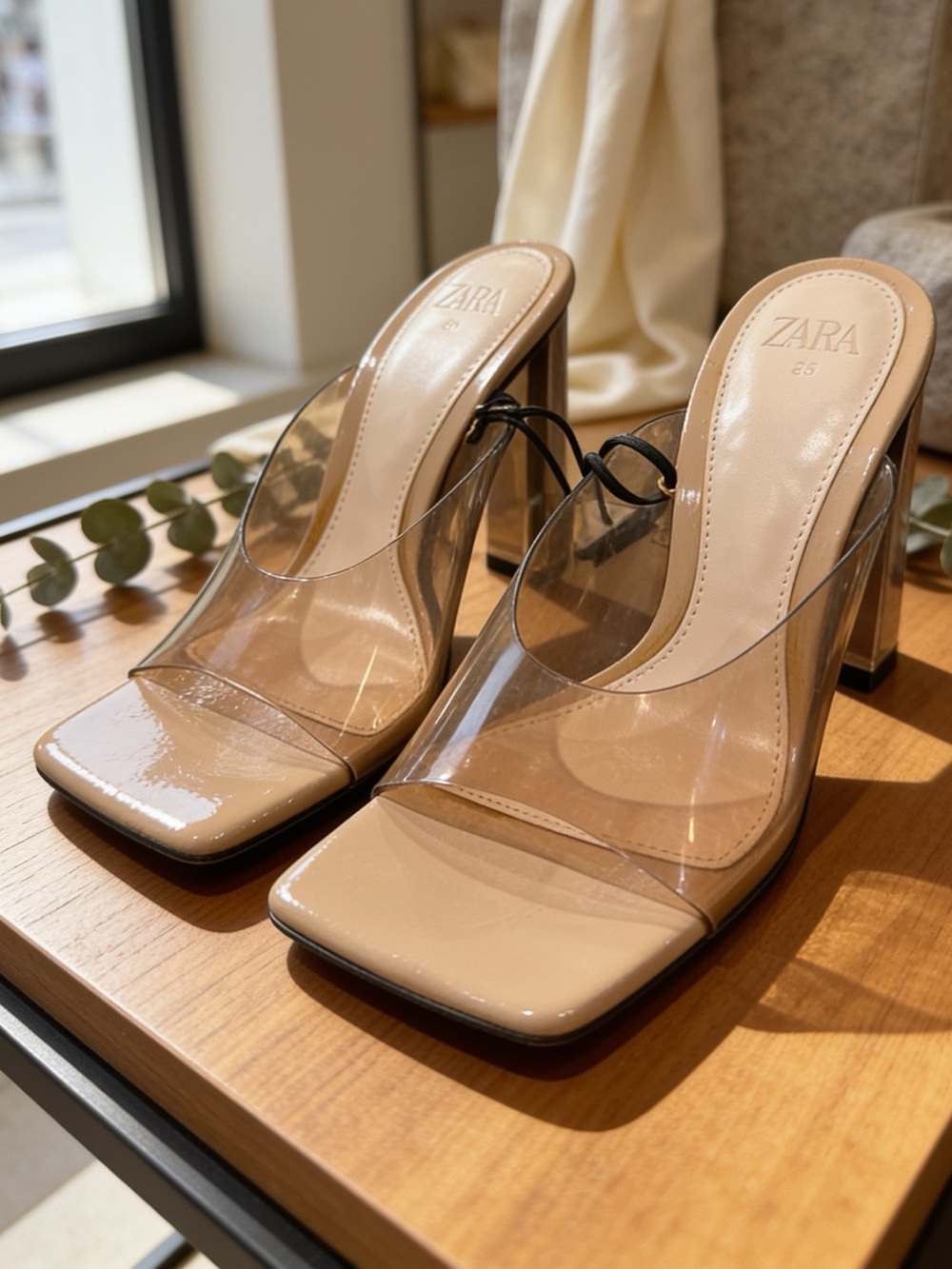 ZARA Nude Patent & Clear PVC Block Heel Mules